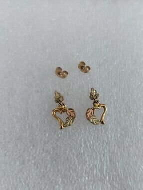 10K Yellow Gold  Heart and Leaf Drop Earrings - Gold, Rose, and Green Accents